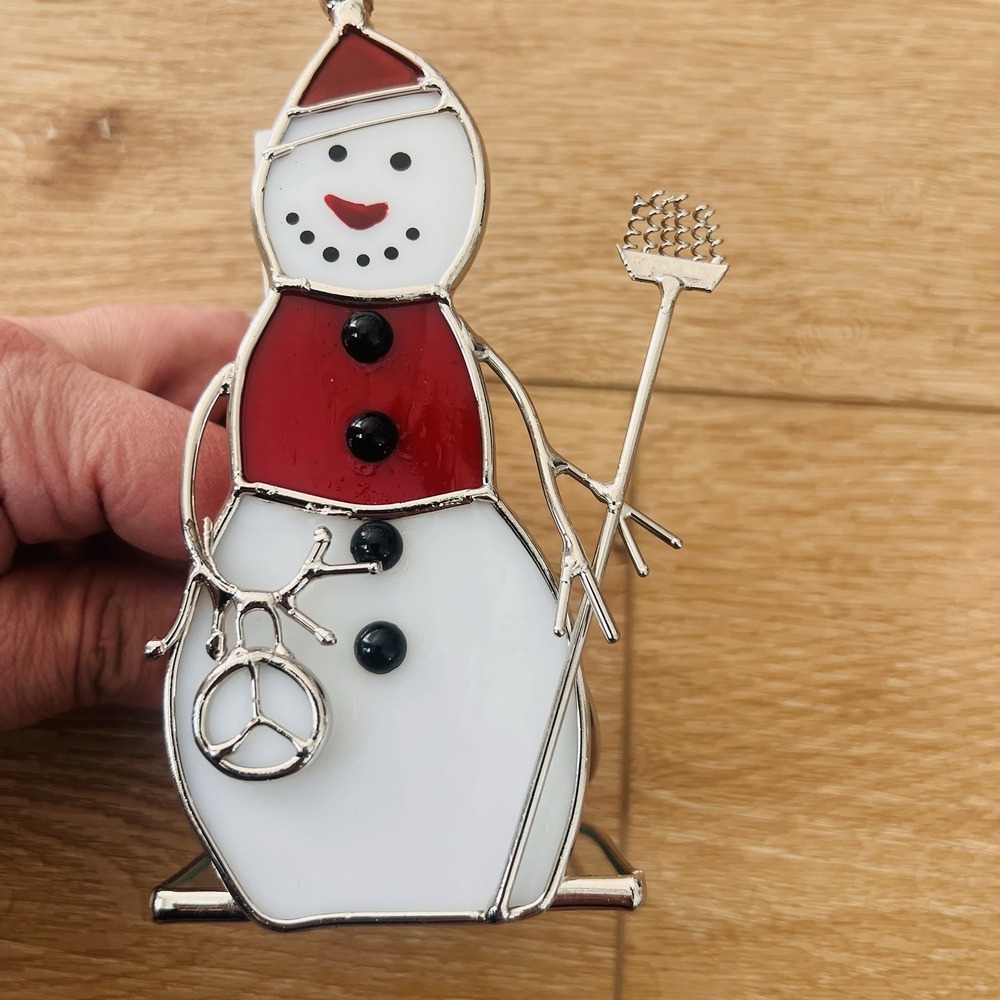 Vintage Snowman Leaded Stained Glass Table Top Votive Candle Holder